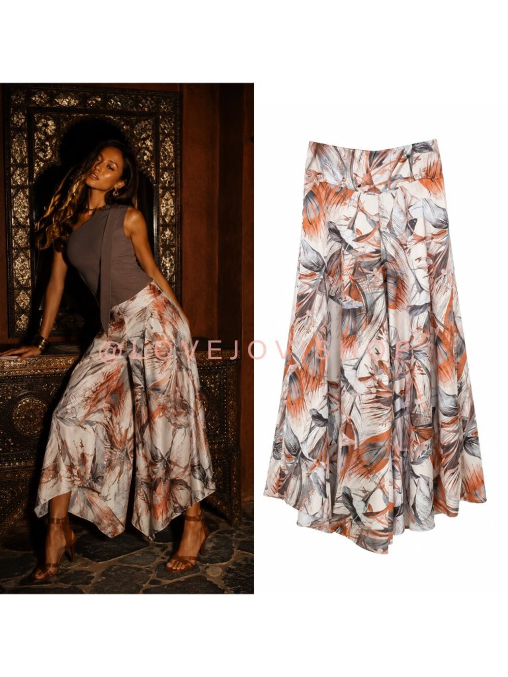 Bohemian | Floria Satin Botanical Floral Palazzo Culotte Wide Leg Pants Neutral